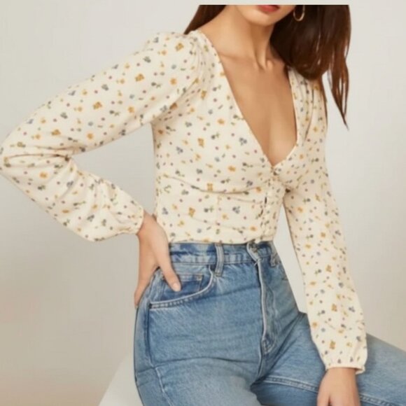 Reformation Tops - Reformation Nell Floral Print Blouse White Long Sleeve Tie Front Top Size Small